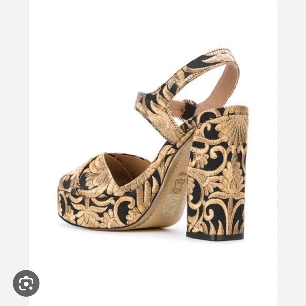 Tory Burch Black And Gold Embroidered Brocade Platform sandal Size 5.5